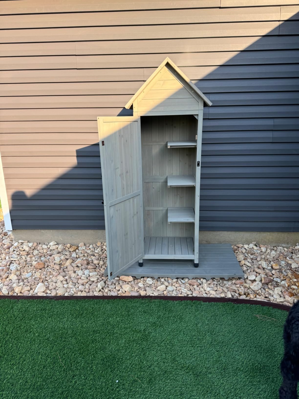 Outdoor Storage Cabinet|Waterproof Metal Roof & Wooden Vertical Design, Tall Garden Tool Shed with Multiple Shelves for Patio, Backyard, Lawn, Yard,Outdoor Storage shed customer photo 1